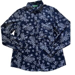 United Colors Of Benetton Navy Blue and White Floral Casual Button Down Shirt